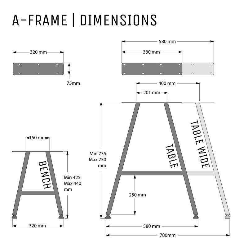 A-Frame Industrial legs, with Outdoor Hardware Pack | 40cm Bench