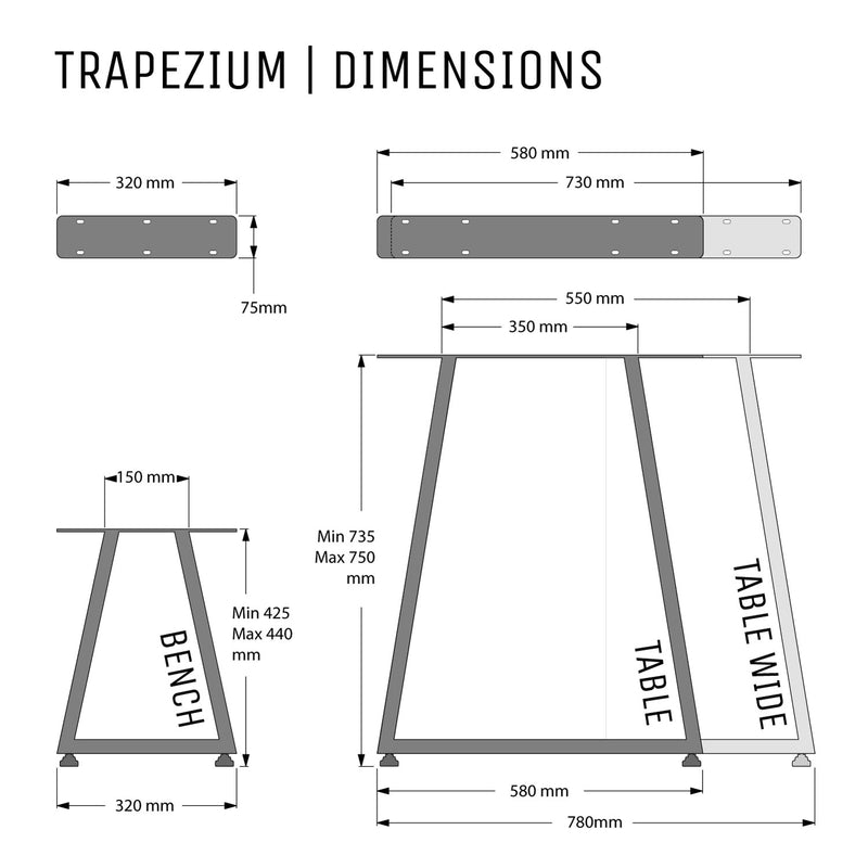 Trapezium Industrial Legs, with Outdoor Hardware Pack | 71cm Table