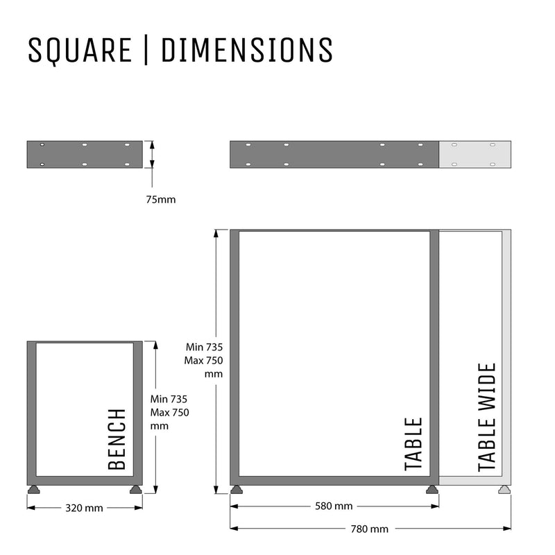 Square Industrial Legs, with Outdoor Hardware Pack | 71cm Table Wide